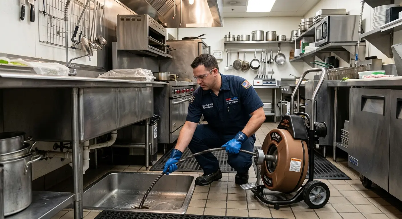 Commercial drain cleaning service in a restaurant kitchen in Greece