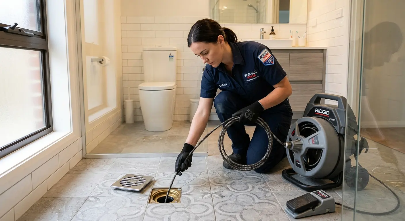 Technician clearing a bathroom floor drain for Drain Cleaning in Greece
